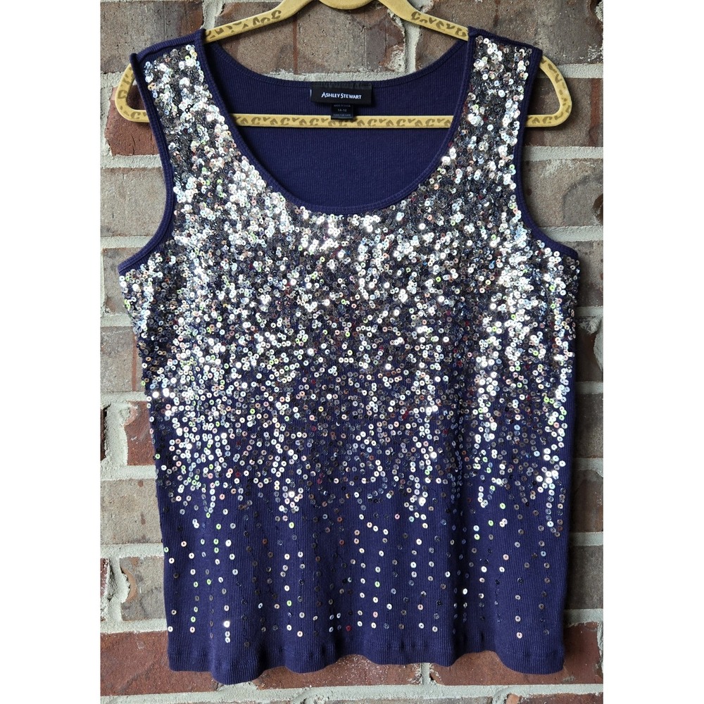 Ashley Stewart Womens 14-16 Blue w/ Silver Sequin Scoop Neck Sleeveless Tank Top